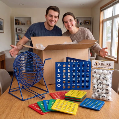 Juego De Bingo Profesional Con Balotera, Tablero MDF Y 100 Tablas Plásticas Profesionales De Colores