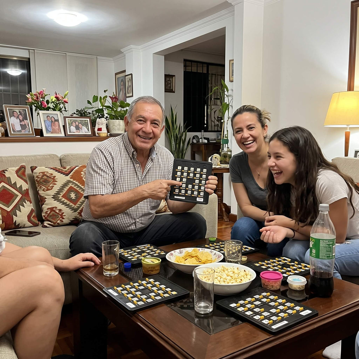 Familia celebrando juego de bingo en casa con tablas plásticas negras de persiana amarilla y números gigantes Excalibur