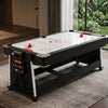 Superficie de air hockey de flujo continuo con disparadores y discos rojos en mesa multijuegos 4 en 1