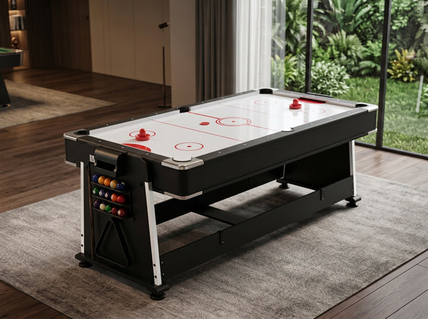 Superficie de air hockey de flujo continuo con disparadores y discos rojos en mesa multijuegos 4 en 1