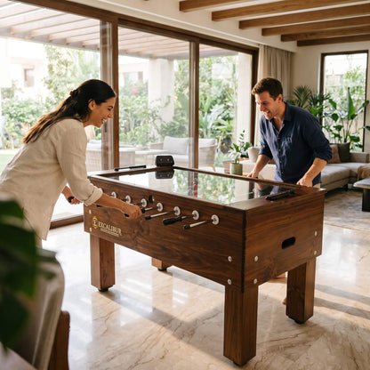 Mesa de Futbolín en Pino con Vidrio Templado Marcador Digital 140x75cm |  Excalibur Juegos y Billares