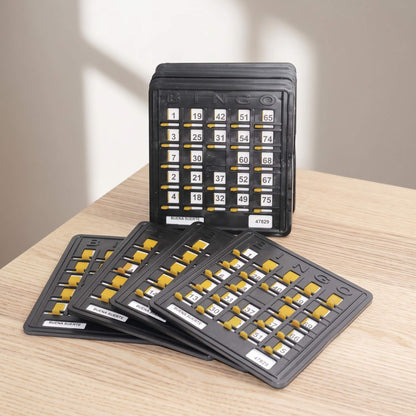 Tablas de bingo plásticas negras profesionales con persianas corredizas amarillas y visor mecánico Billares Excalibur Colombia