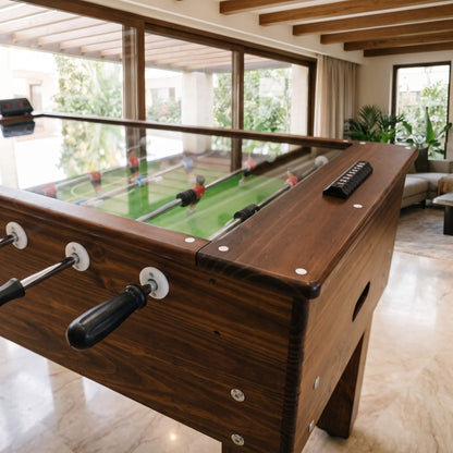 Mesa de Futbolín en Pino con Vidrio Templado Marcador Digital 140x75cm |  Excalibur Juegos y Billares